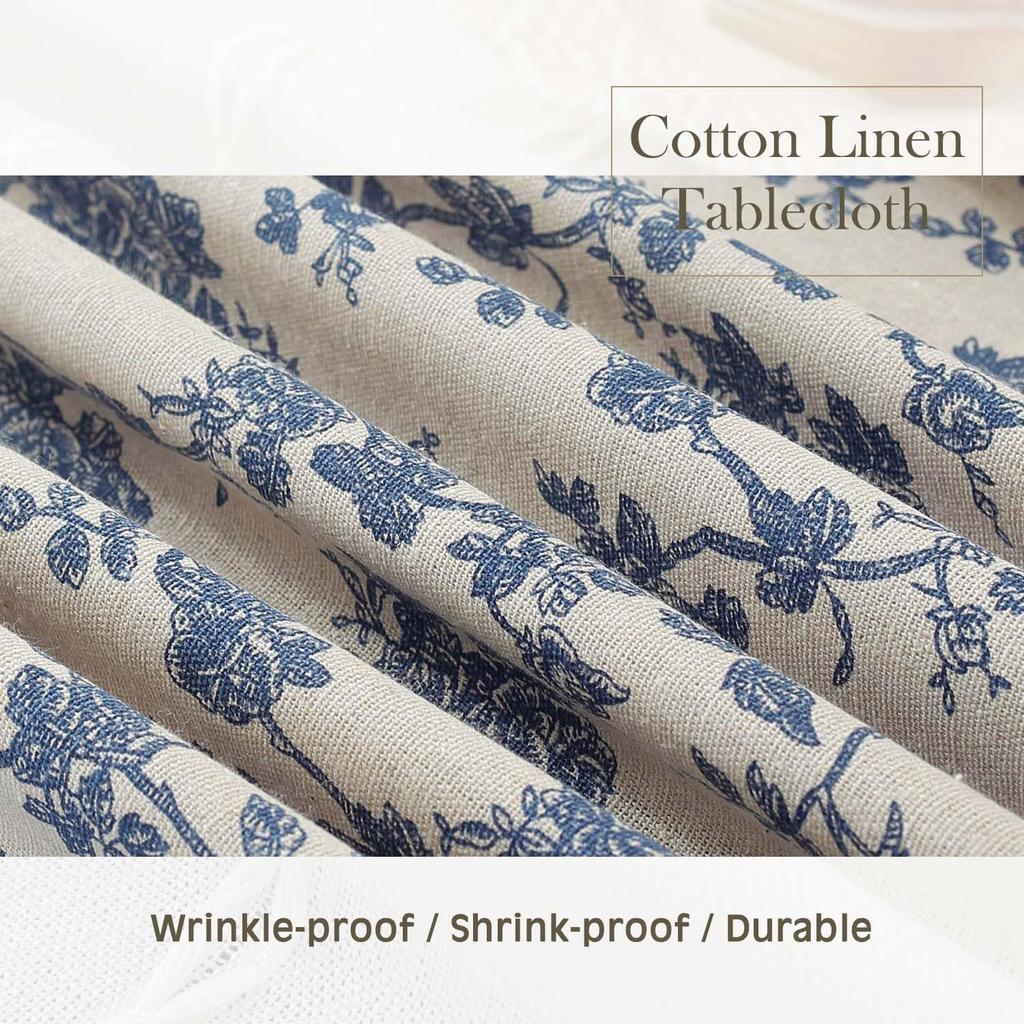 Pastoral Round Tablecloth, Vintage Cotton Linen Washable Table Cloth, Blue Flower Table Cover For Patio Table, Dining Room Decor