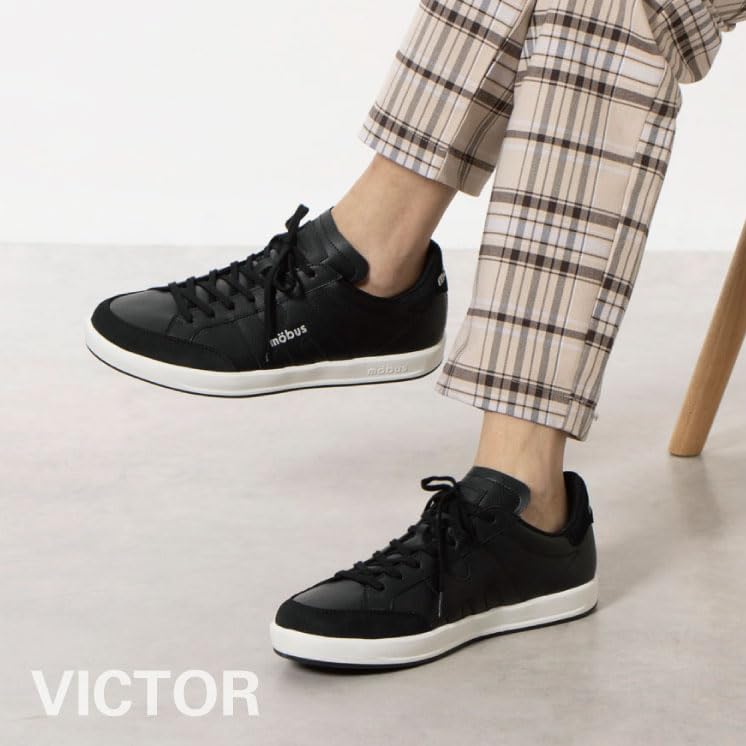 Mobus Men's Leather Sneakers, Genuine Leather, Sports, Casual, Walking Shoes with Built-in Functional Insole, Current Model VICTOR (Black, Size 25.5 c