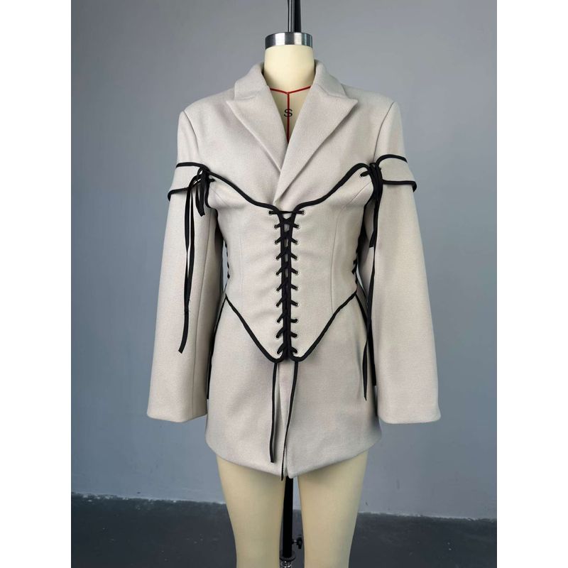 

Western Style Autumn Suit Collar Long sleeve Woolen Outerwear Waist Seal Two-piece Set Coat and Waistband Set Apricot color S