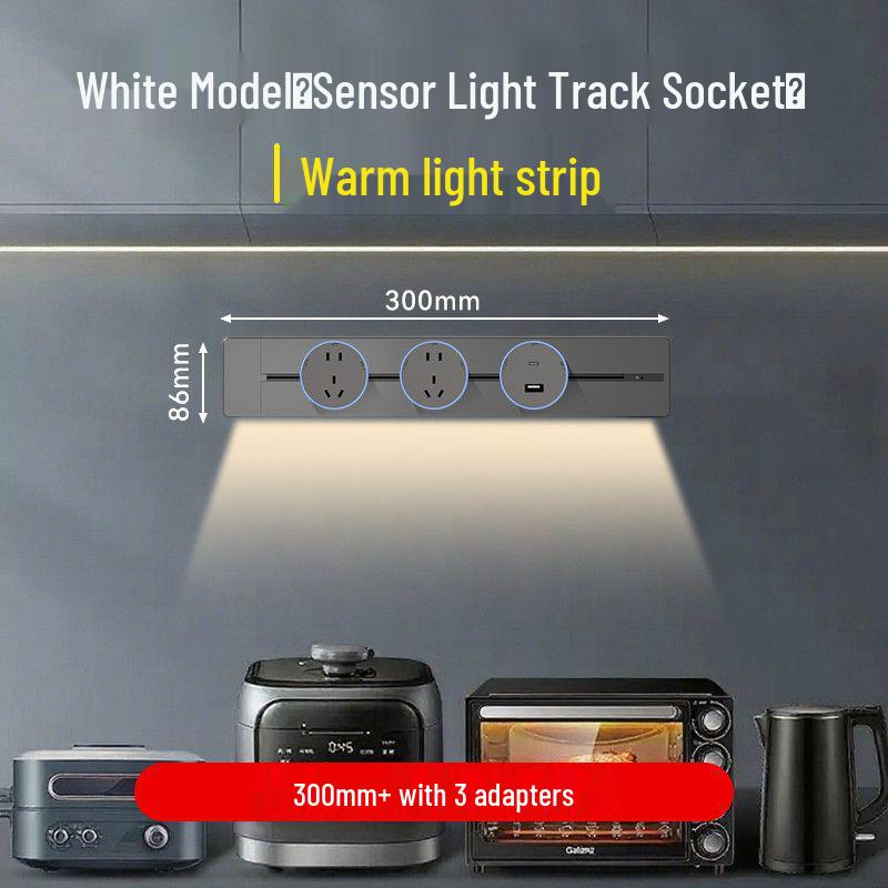 Movable Sliding Track Power Strip with Sensor Light for Kitchen & Dining Room
