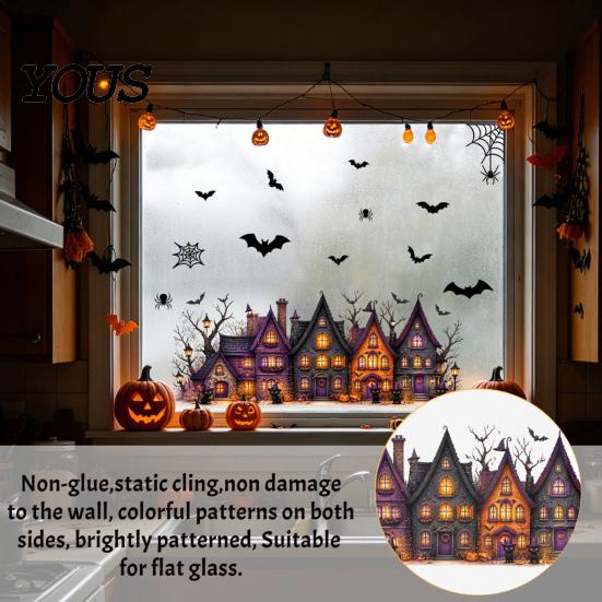 Easy Apply Halloween Decorations 2 Sheets/Set Window Stickers, Retro Haunted Castle Sticker, Static Cling Glass Bat Spider Web Decals, Removable