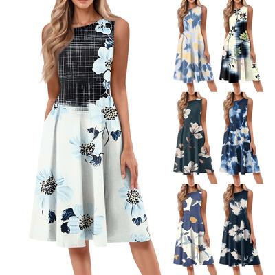 Women's Casual Fashion Floral Print Round Neck Sleeveless Color Midi Dress