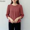 ZANZEA Blouse Décontractée Femme Col Rond Couleur Unie Manches 3/4