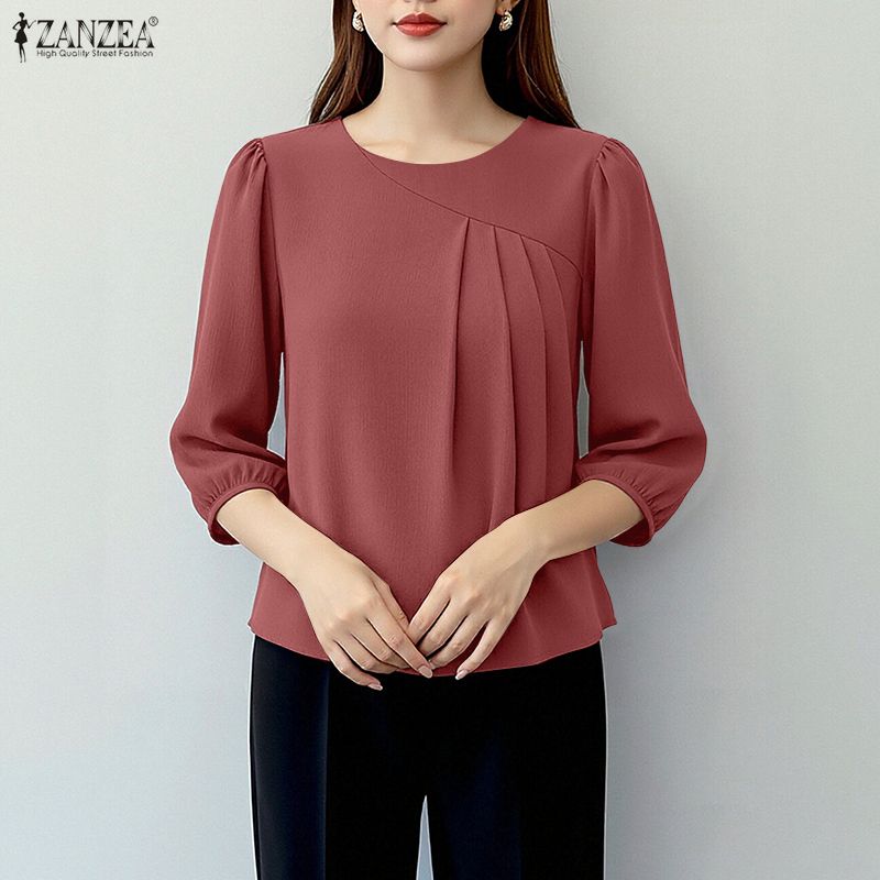 ZANZEA Blouse Décontractée Femme Col Rond Couleur Unie Manches 3/4