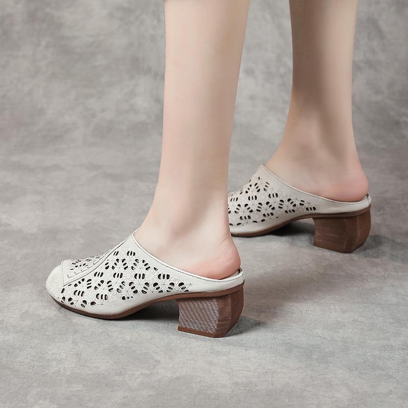 Modne GKTINOO 2025 Letnie Przewiewne Klapki z Wycięciami Prawdziwa Skóra Grube Obcasy Damskie Buty Retro Z Odkrytymi Palcami Klapki