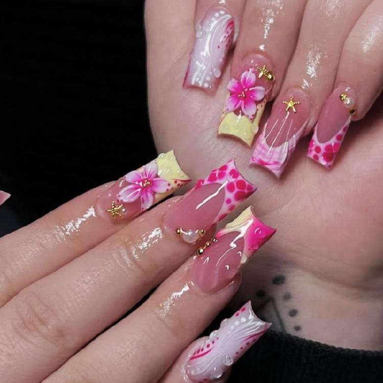 Photo Ready Press On False Nail Set, Pink French Floral Beads Art Detail with 24Pieces, 12 Inclusive Size, and Glossy Finish
