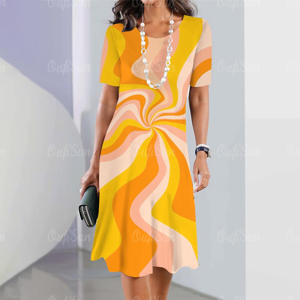 Summer Women's Dress Short-sleeved A-line Color Skirt Irregular 3d Printing 3 Fashion Loose Round Neck Dress