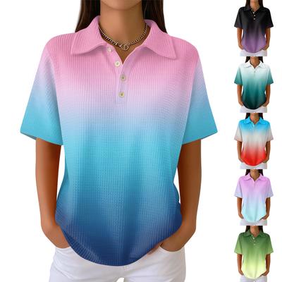 Women's Short Sleeve Gradient Print Waffle Knit Polo Shirt Casual Lightweight Buttoned Collar Top for Everyday Wear