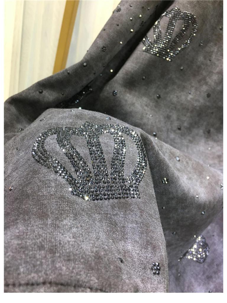 European Crown Hotfix Diamond Sweater - Plus Size, Velvet-Lined, Round Neck, Long Sleeve Luxury Top