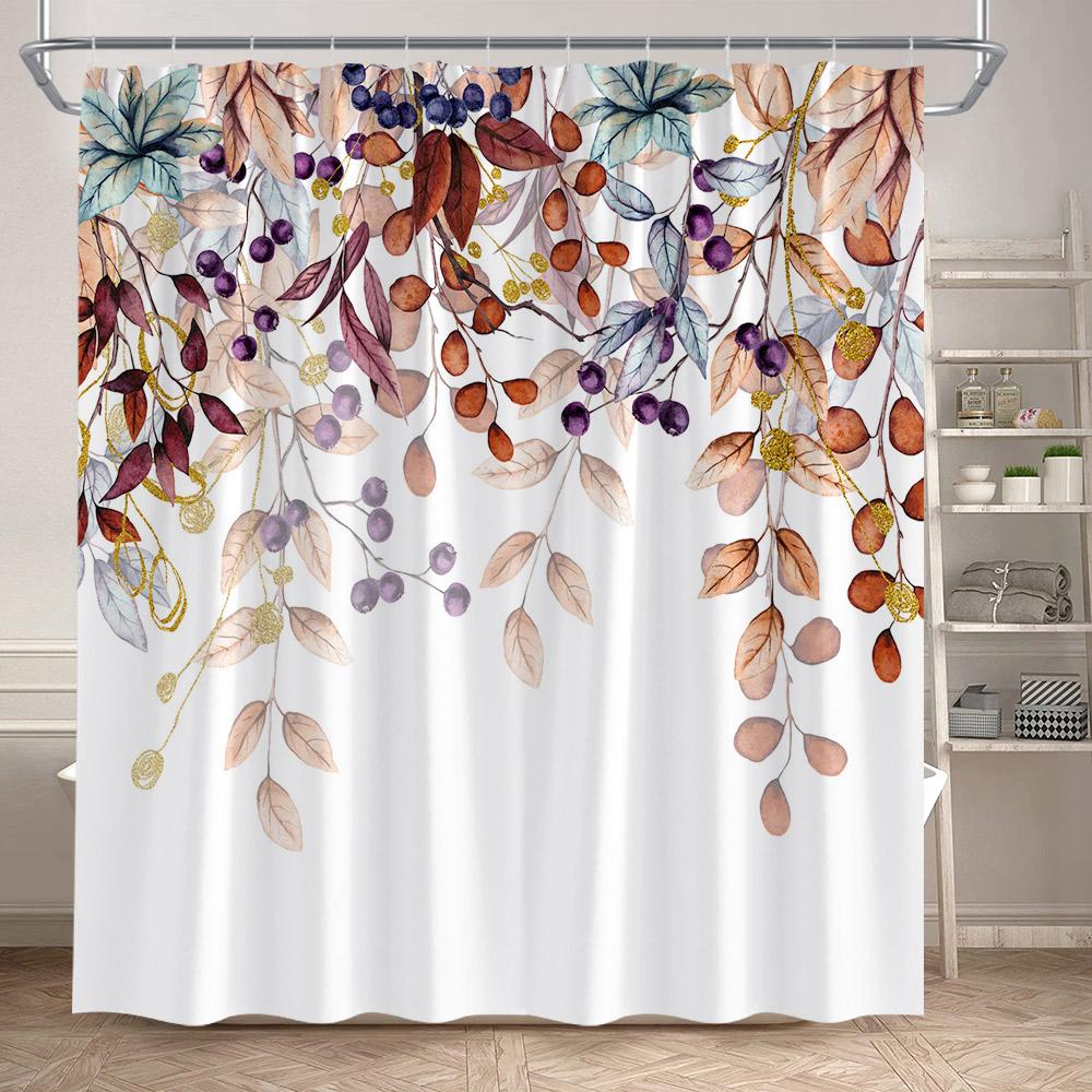 Eucalyptus Leaves Shower Curtains Autumn Brown Leaf Watercolour Plants Modern Bath Curtain Polyester Fabric Home Bathroom Decor