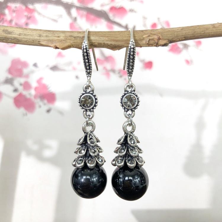 Ethnic style retro fashion agate earrings women's simple temperament opal diamond earrings versatile long ear jewelry