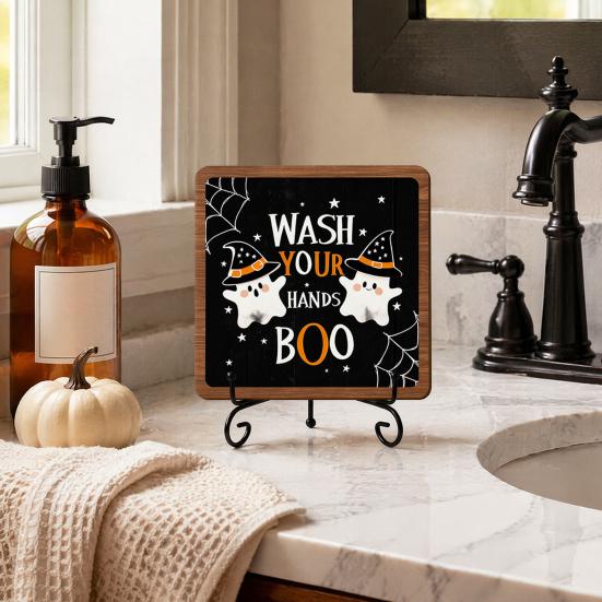 Bathroom Shelf Ornament Halloween Wooden Table Sign, Cute Ghost Boo Plaque Sign with Gift for Friends Metal Stand Indoor Desk Home Decor Holiday