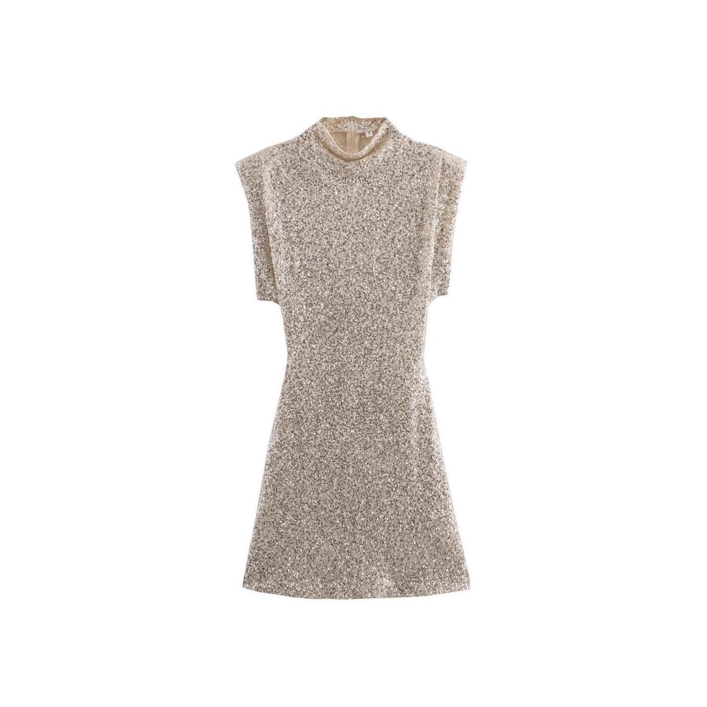2026 Elegant European & American Sequin Sleeveless Shoulder Pad Slim-fit Hip-Hugging Dress L