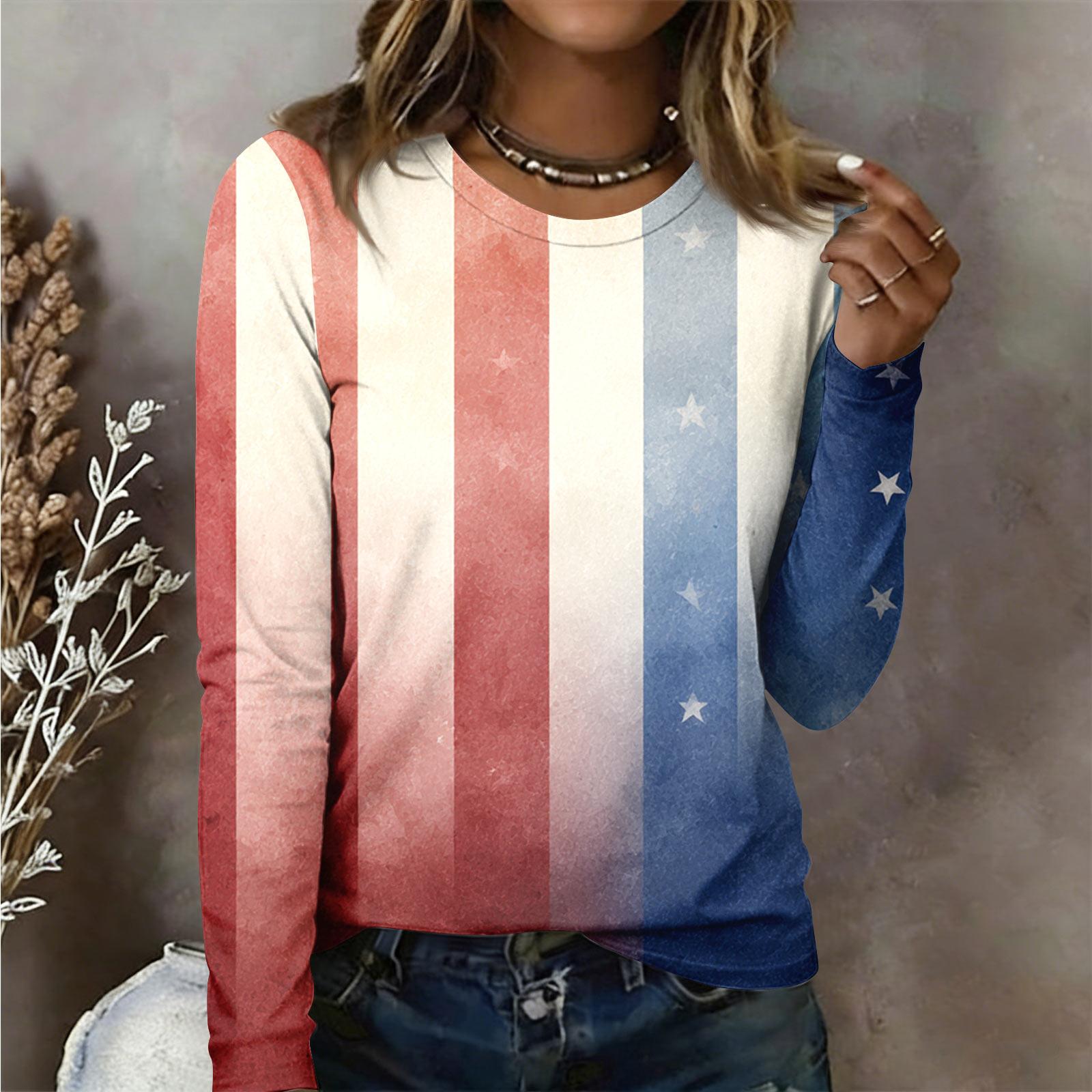 Женская рубашка с длинным рукавом Женская повседневная футболка с круглым вырезом и длинным рукавом с принтом L синий