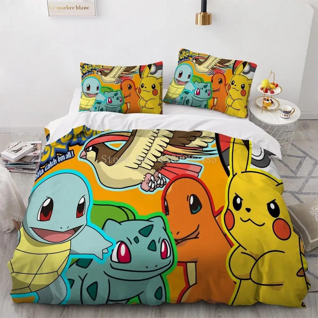 Pokemon Pikachu Quilt Cover Package Comforter Cover Full Size Twin Size King Size Size Children Kids Bedroom Bedclothes Bed Linen Package Decoration