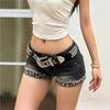 2000s Style Low Rise Jean Shorts Leopard Roll Edge Slim Hot Pants