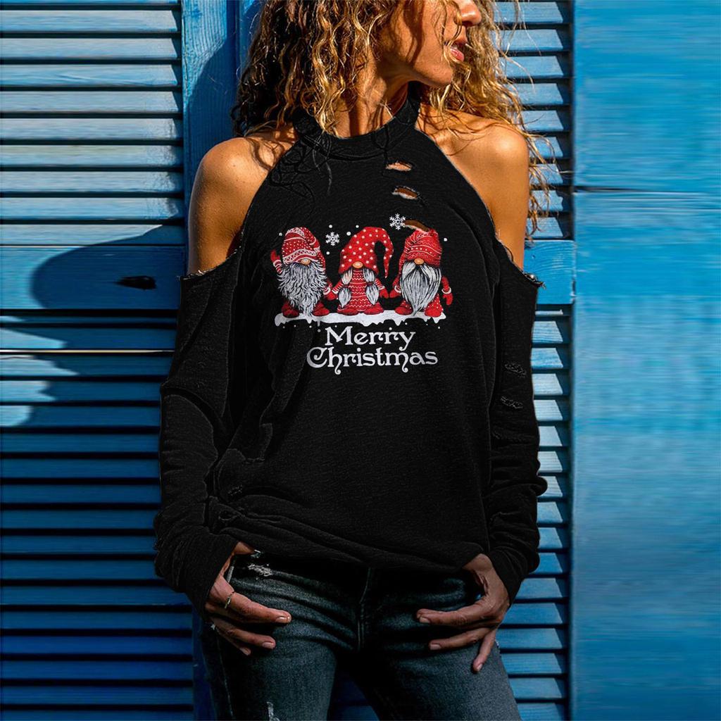 1116 European and American ebay new Christmas women's clothing ripped hollow long-sleeved T-shirt top