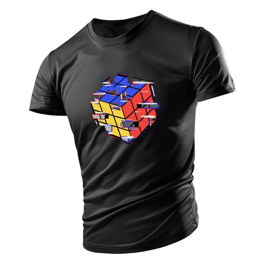 2023 Dospělé pánské tričko s výstřihem léto ležérní sportovní volné rychleschnoucí móda s krátkým rukávem potisk rubikových kostek mládežnický trend