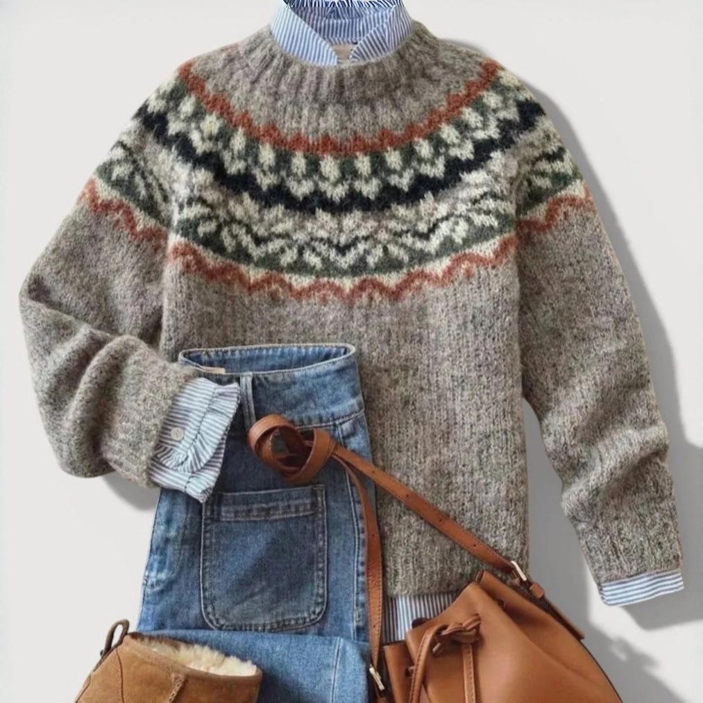 Women's European Retro Fair Isle Long Sleeve Color Block Knitted Sweater Top