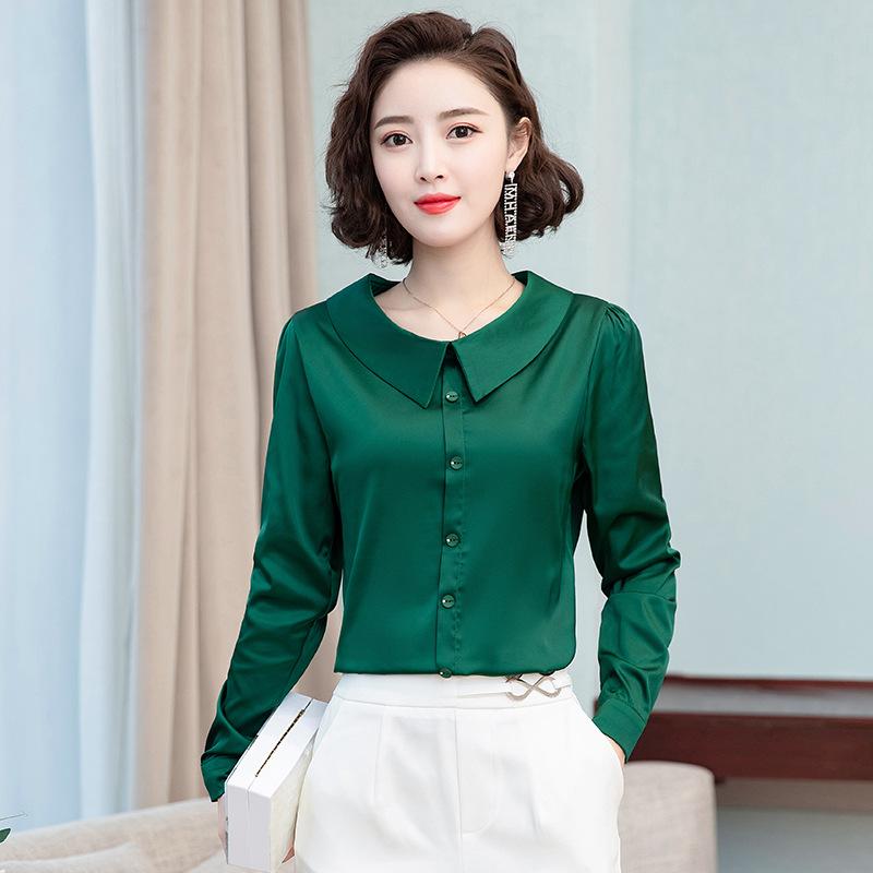 Camisa de satén de manga larga con cuello de muñeca para mujer, color rojo, versátil y moderna, para otoño