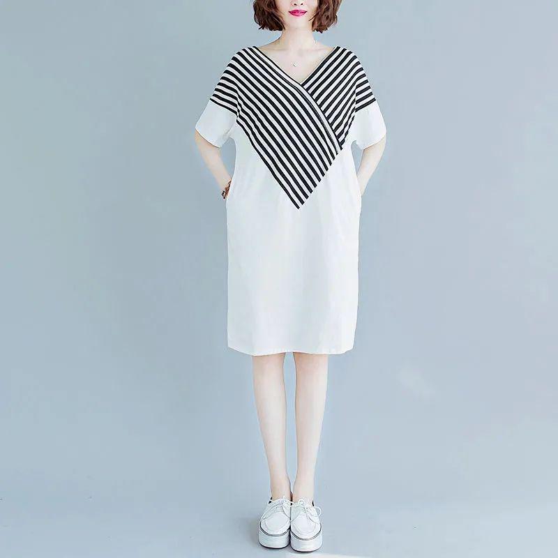 

Платье в полоску в корейском стиле больших размеров - С коротким рукавом, скрывающее живот, средней длины 6XL белый