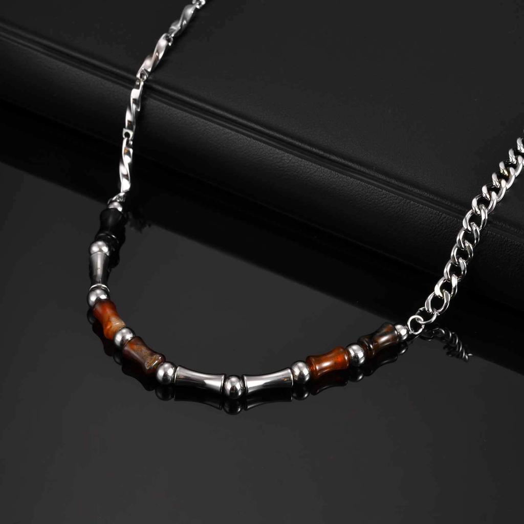 Vnox Collier Réglable 46-51cm Acier Bambou avec Fermoir Mousqueton, Perles d'Agate Naturelle Bijoux Minimalistes Cadeau pour Hommes Femmes