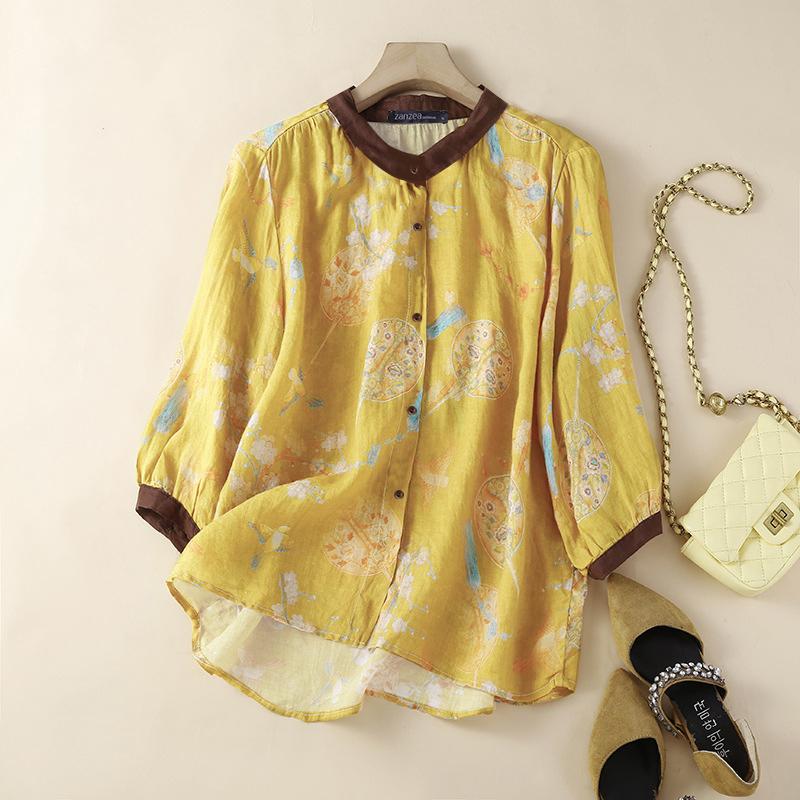 

ZANZEA Женская повседневная блузка с круглым вырезом и рукавом 3/4 с цветочным принтом 5XL жёлтый
