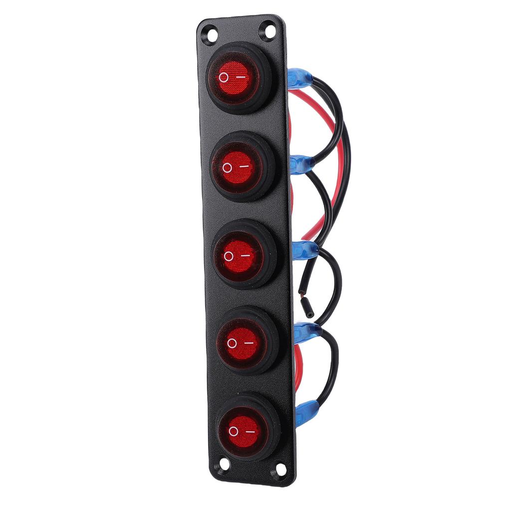 5 Gang Rocker Switch Panel 20A Red Circular On Off Switch Water Proof Aluminum Alloy Panel for Car Boat RV Truck Trailer