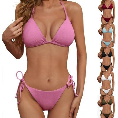 Womens High-End Solid Color Tie Side Bikini Set With Padded Cups No Underwire Triangle Bottom Swimwear