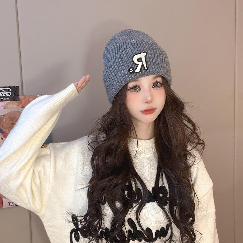 R Buchstabe süß cool vielseitig trendig Strickmütze Herbst und Winter verdickt warm Ohrenschützer Wollärmel Kopf Kältemütze