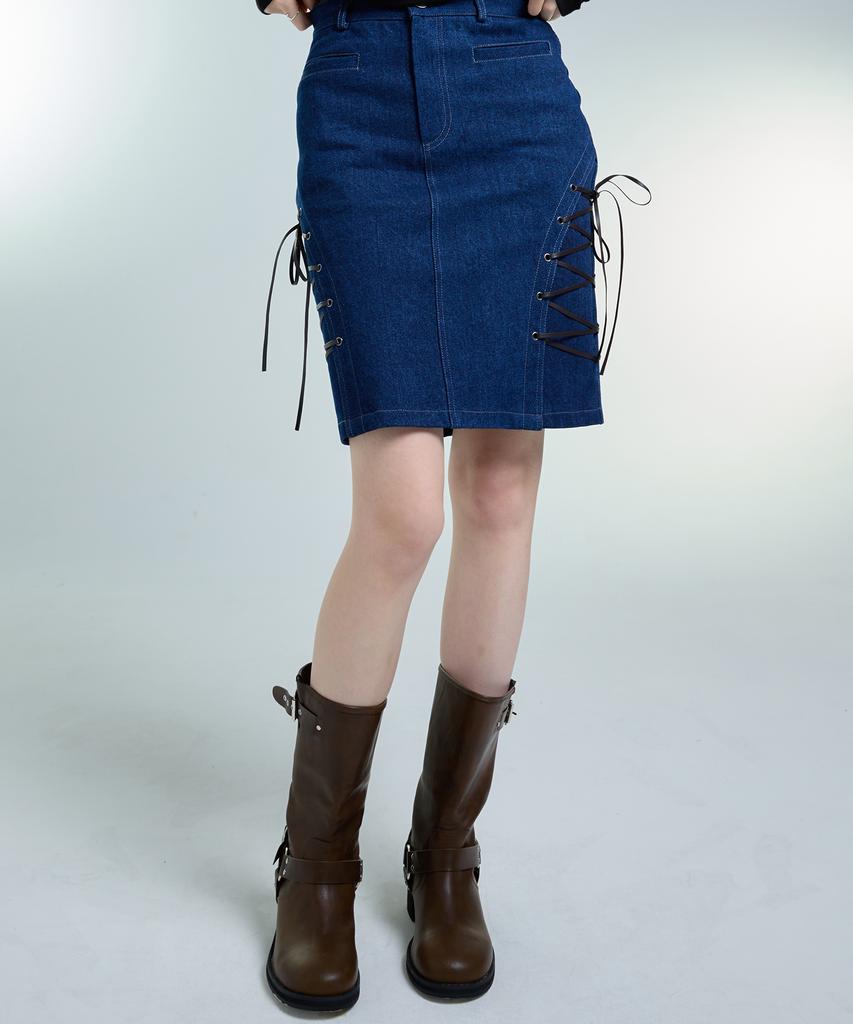 Love Is True Am Lace Up Denim Skirt(Blue)