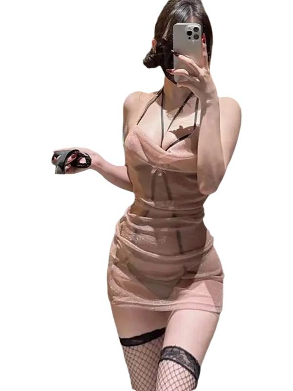 Sexy Sm Tight Nightdress Hot Mesh Transparent Bodycon Nightclub Wear Dress Women Solid Color Backless Sleeveless Mini Dress 8C0S