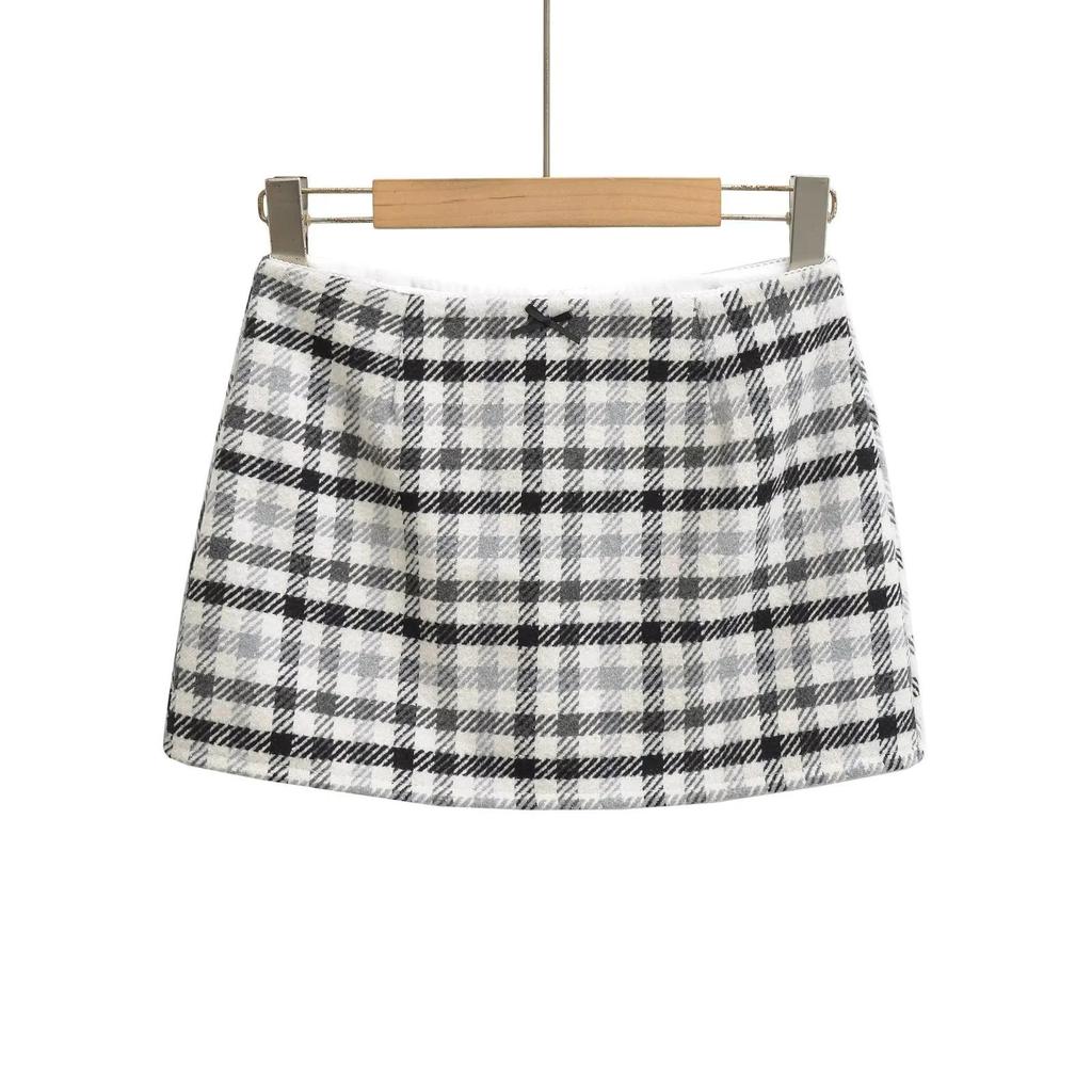 Retro Plaid Low-Waist A-Line Mini Skirt with Bowknot - Women's Autumn/Winter Hip-Hugging Skirt