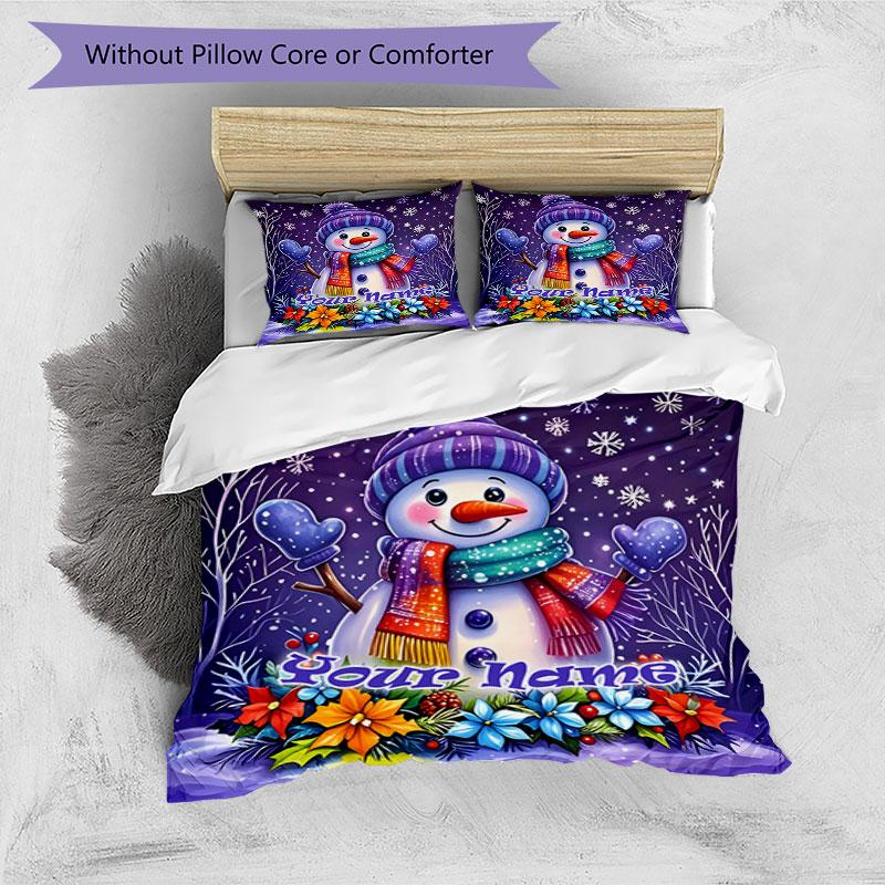 3PC Custom Name Winter Snowman Card Bedding Set Printed Bedding Set Duvet Cover Closure Includes 1 Duvet Cover & 2 Pillowcases for All Seasons Bedroom