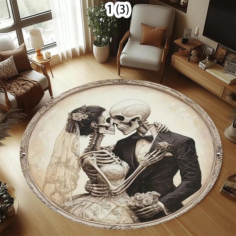 Gothic Skull Rose Round Rug Modern Home Decor Skeleton Roses Pattern Carpet Soft Non-Slip Floor Mat for Living Room Bedroom