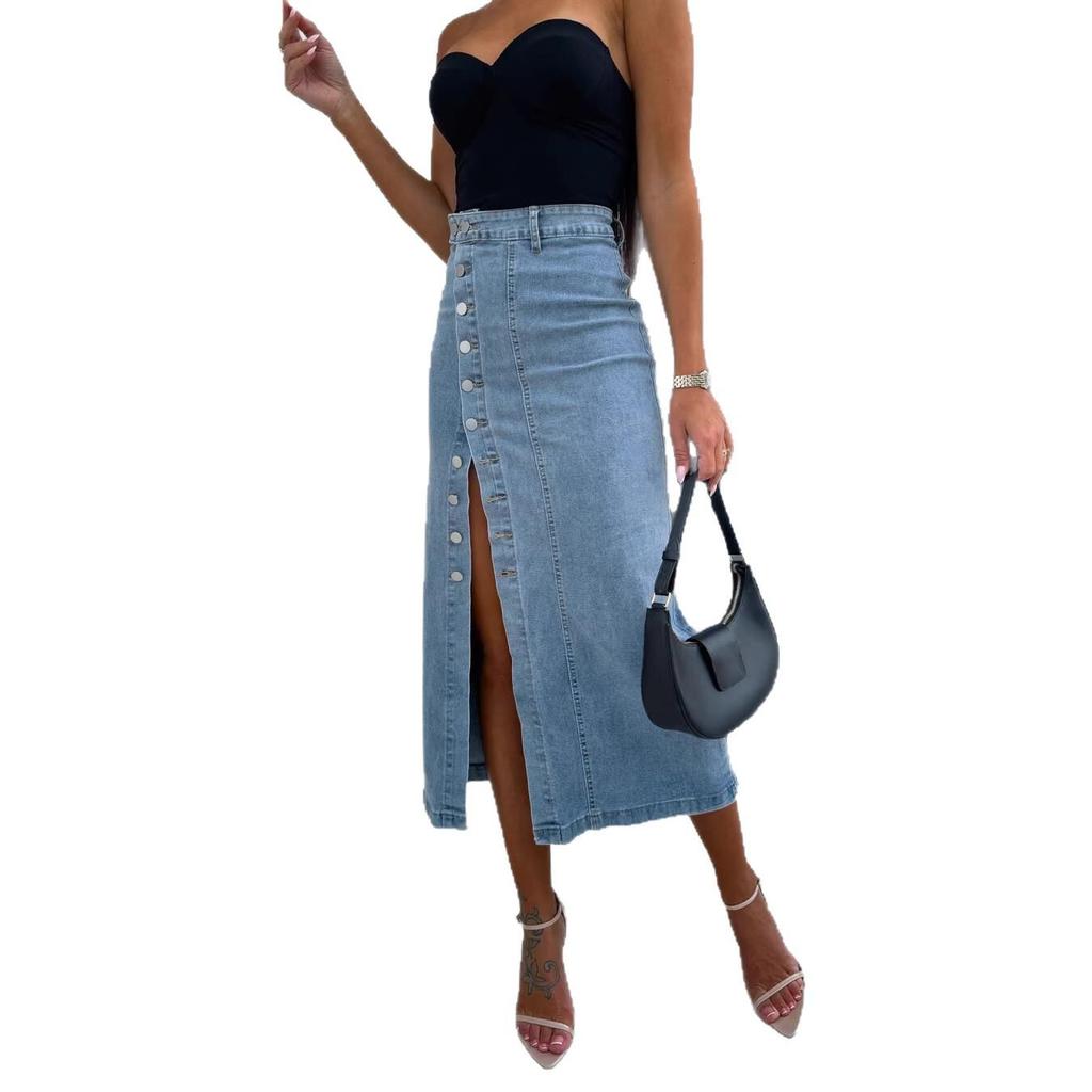 High Waist Sexy Slim Fit Denim Skirt with Button Slit for Women