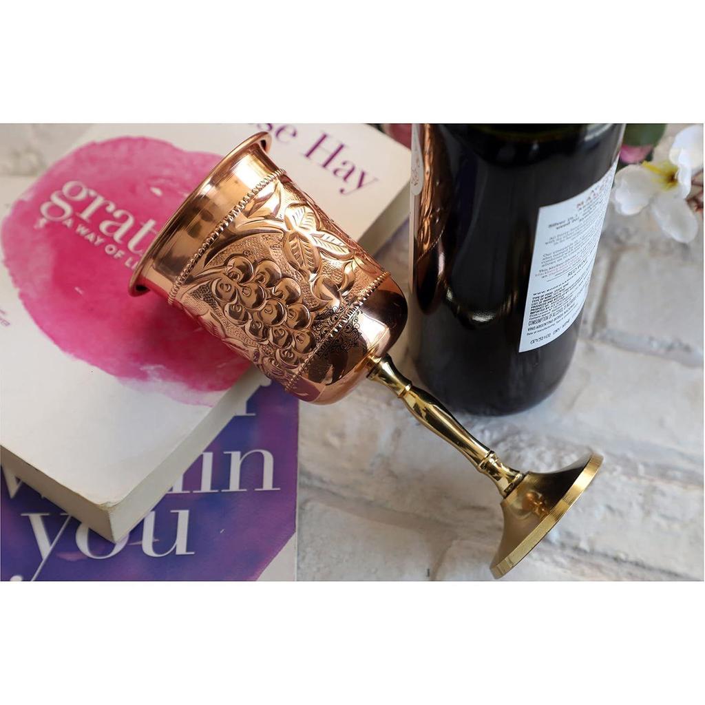 Pure Copper Wine Glass with Grape Vines Embossed Design & Brass Bottom, Serving Drinking Wine Cocktail Bar Hotel Restaurant, Volume-300 ML