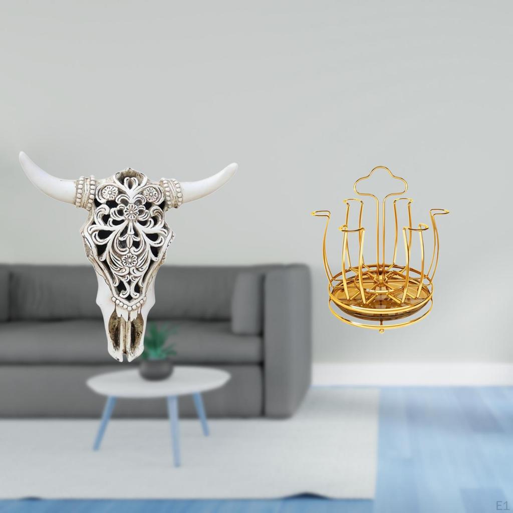 Tribal Bull Head Sculpture Wall Hanging Art And Rotating Cup Rack Stand Mug Draining Organizer for