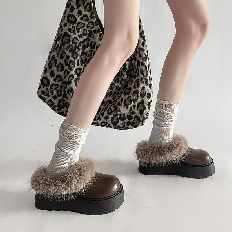 Fashion cotton slippers thick-soled bag head fluffy shoes with fleece to keep warm and one pedal to increase the height of snow shoes 2025 winter new