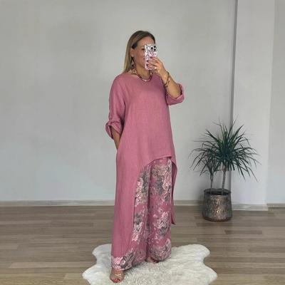 Women's Fashion Casual Spring Autumn Flower Pattern Print Long Sleeve O-Neck Trousers Pants Suits