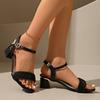 Fashion Ankle Buckle Black Thick Heel Sandals Women Pu Leather Square Heels Sandles Woman Pleated Summer Sandals Femal