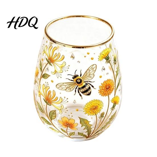 Large Capacity Wine Glass Cup Egg Shape Clear Lead-Free Crystal Enamel Painted Golden Rim Liberty Bell Themed Vintage Drinking Tumbler Glassware for