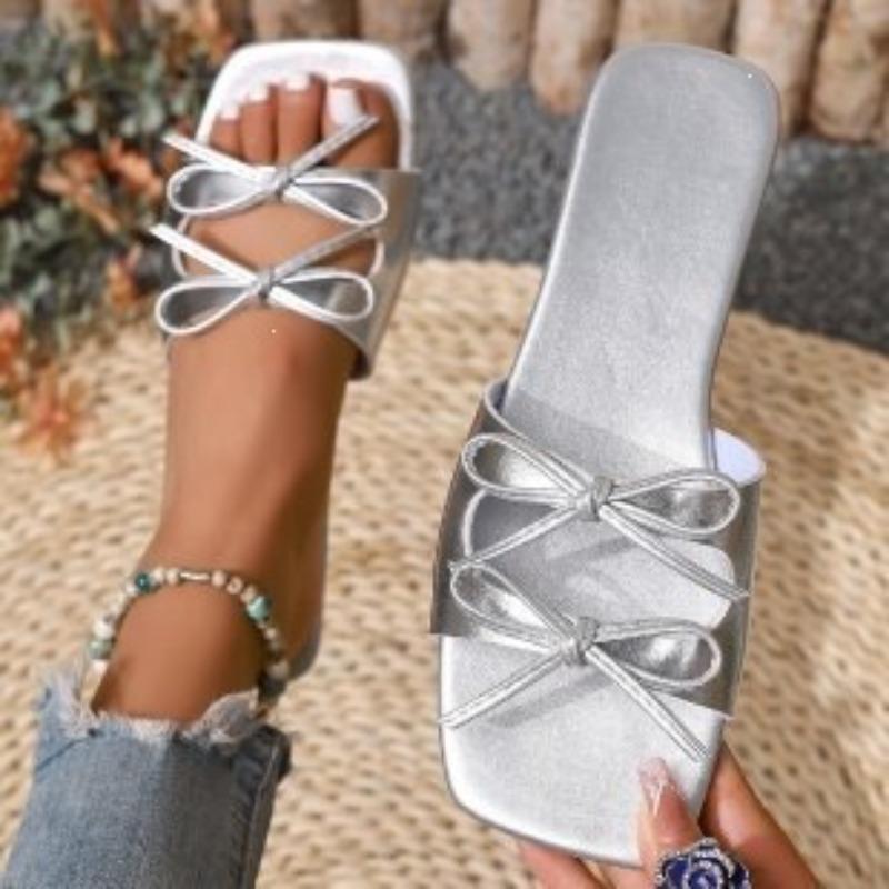 

Women s Square Toe Bow Decor Flat Slides, One Band Design Plus Size Casual Fashion Summer Beach Outdoor Slippers 43 срібний