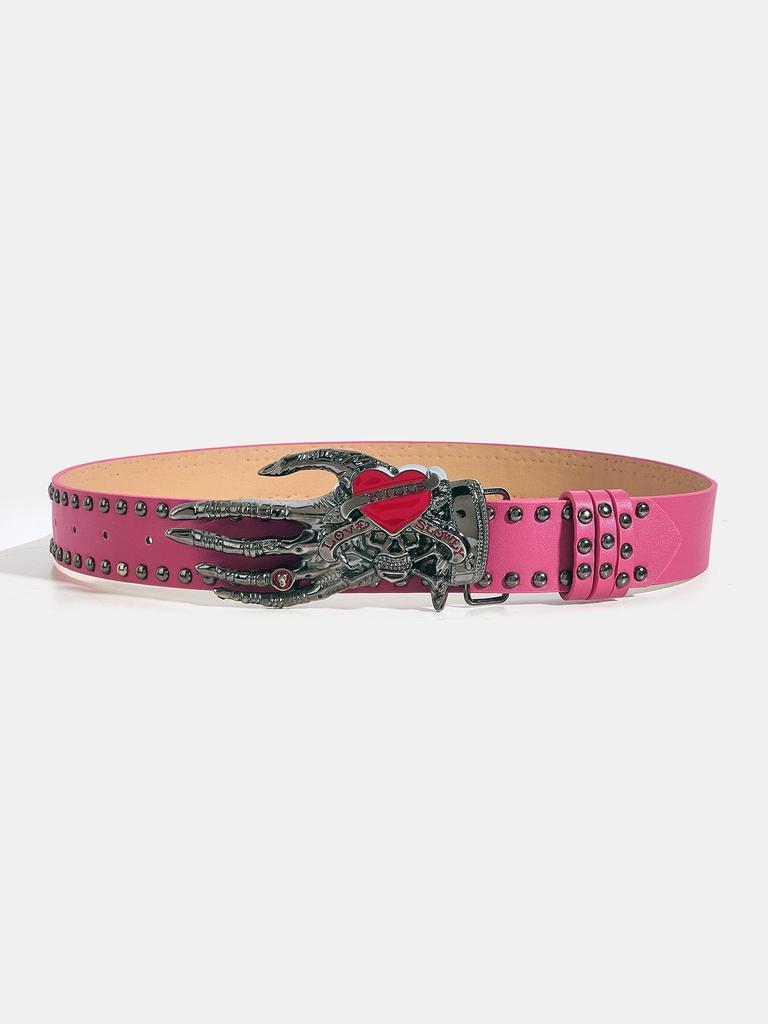 Trendy Men's Leather Belt with Skull Heart Design, Punk Style Snap Buckle, Casual Trouser Accessory