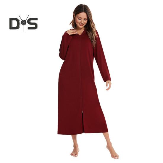 Nachthemd mit Reißverschluss für Damen, lange Ärmel, lockere, reine Farbe, mit Taschen, wadenlange Loungewear mit Kapuze, für den Alltag, für zu Hause, im Schlafzimmer