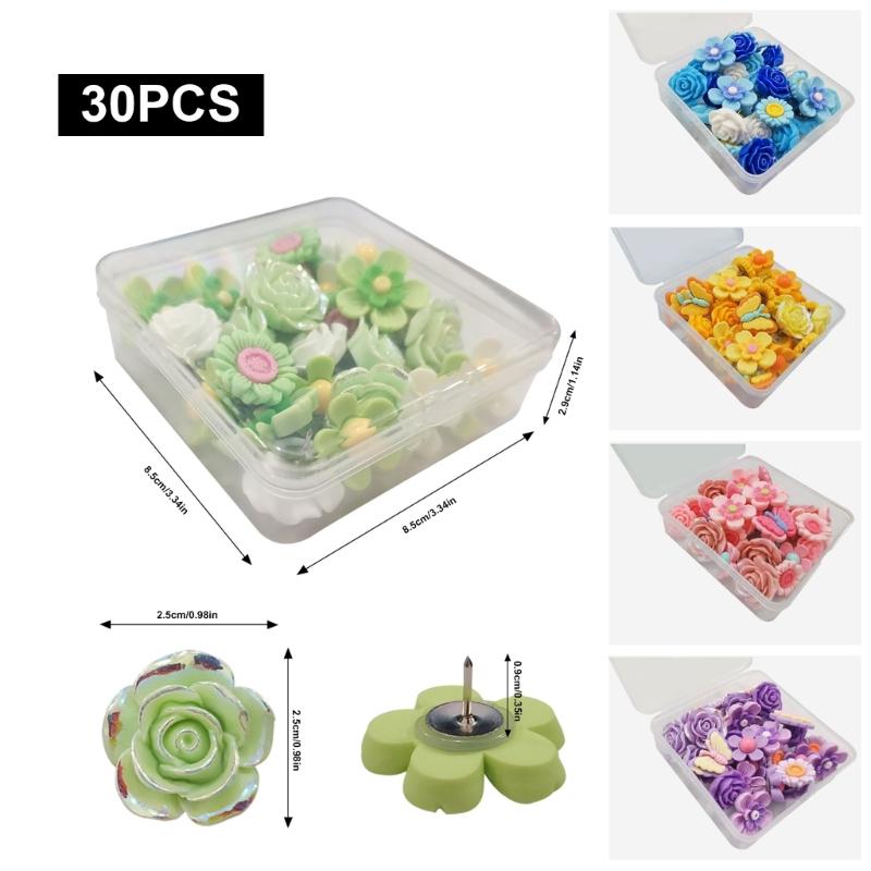 Set of 30 Attractive Flower Push Pins Multifunction Thumb Tacks Pushpin Collection for Securing Documents & Decorating Space
