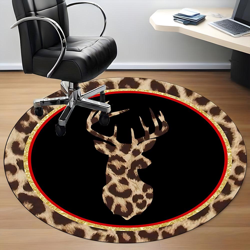 1pc Leopard Print Deer Head Chair Carpet for Office, Round Polyester Mat, Indoor Decor for Office, Easycare Fabric, Washable Non-slip Area Carpet