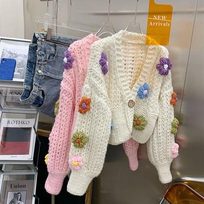 Damen Langarm Button Up V-Ausschnitt Blumen Strickjacke Mode Pullover Warm Strickwaren Pullover Strickmantel Bequemer Pullover