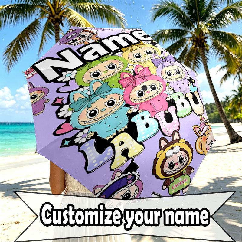 Custom Name Personalized Labubu Print Umbrella, Auto Open Close, 8‑Rib Sturdy Frame, Commute Camping Hiking Use, Birthday Gift