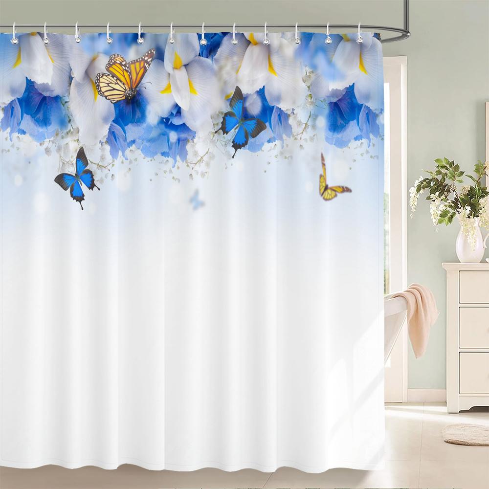 Colorful Flower Butterfly Fabric Shower Curtain Bathroom Curtains with Hooks Waterproof Printing Floral Bath Curtain Home Decor